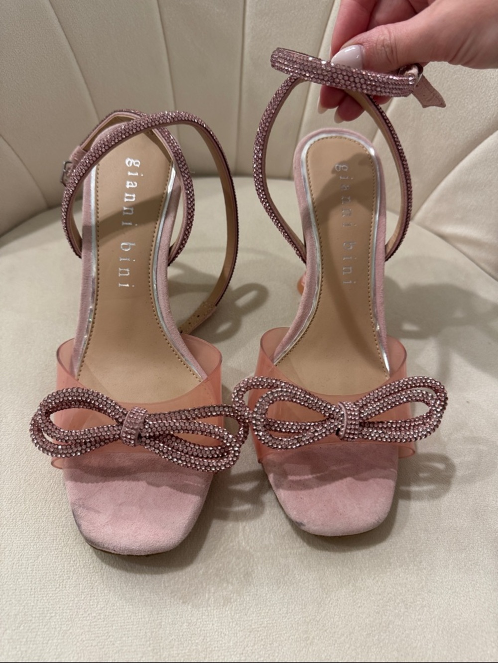 Gianni Bini Blush Pink Crystal Bow Ankle-Strap Heels